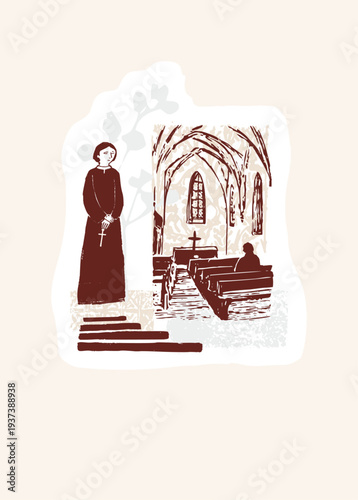 Hand drawn collage style christian priest in prayer greetings card. Faith design . Isolated flat vertical vector catholic sticker ready to print. Religious poster, church confession , congregation