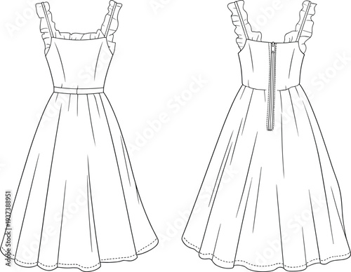 Flat fashion sketch of ruffle strap midi dress, front and back view, flared skirt, technical clothing design vector illustration flat vector illustration