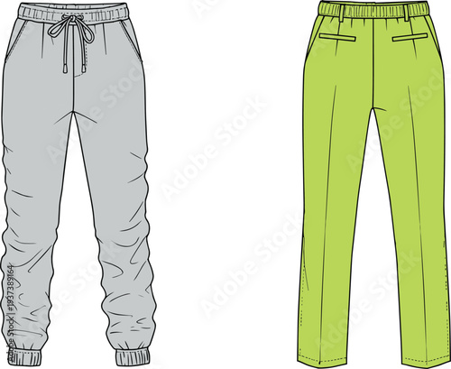 Flat sketch of two modern trousers with drawstring and elastic waistband, casual jogger and formal style, fashion design vector flat vector illustration
