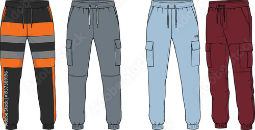 Flat sketch of men’s jogger pants with cargo pockets, colorblock design, stylish casual trousers, modern sportswear illustration set flat vector illustration