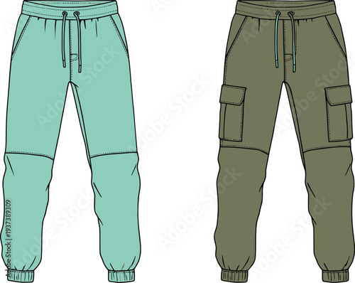 Flat sketch of men jogger pants with cargo pockets, drawstring waist, ribbed cuffs, front view, technical fashion illustration flat vector illustration