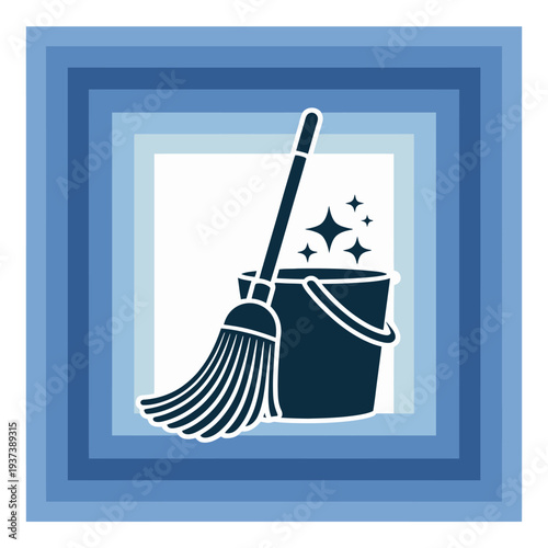 Cleaning icon with blue broom and bucket, housekeeping symbol, cleaning tools, household chores