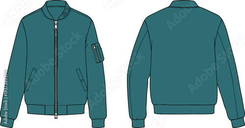 Flat sketch of men’s bomber jacket with zipper front, ribbed hem and cuffs, sleeve pocket, fashion vector, back view included. flat vector illustration