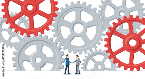 Two businessmen in suits are shaking hands, positioned against a dense backdrop of many interlocked red and grey gears.