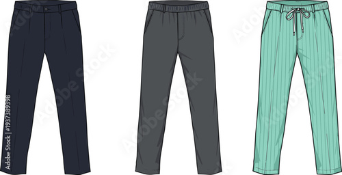 Flat sketch of men’s pants with drawstring, waistband, and pinstripes, showcasing formal and casual styles for fashion design illustration flat vector illustration