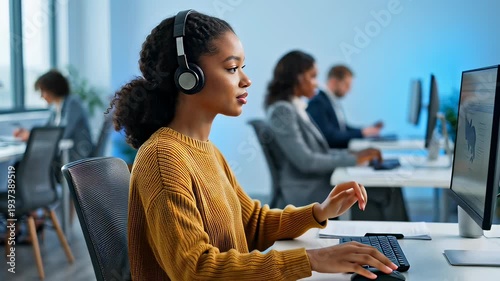 Young professional woman working in a busy call center office with bright blue lighting, using a headset and computer in a cinematic professional environment, illustrating modern business communicate