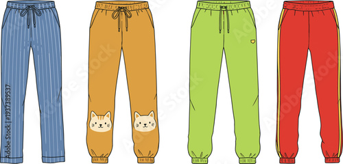  Fashionable women’s jogger pants collection, cute animal face prints, colorful drawstring styles, comfy casual wear, stylish loungewear design illustration flat vector illustration