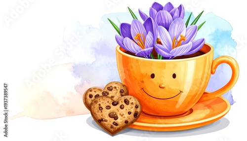 Orange cup with purple crocuses, heart cookies, & watercolor backdrop on white