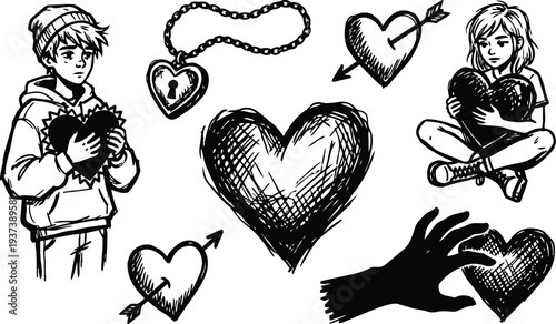 Tattoo flash sketch of teenage boy and girl holding textured hearts sitting and standing with hand and arrow valentines day