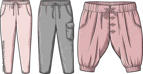 Fashion jogger pants and shorts flat sketch, stylish casual wear illustration with drawstring waist, button front, pocket detail design.flat vector illustration