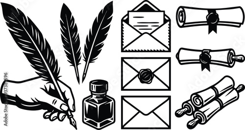 Line art quill hand writing with ink bottle and nib close up view of vintage envelopes sealed scrolls black silhouette