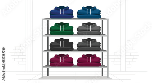 A four-tier metal shelving unit displays neatly folded stacks of colorful hoodies in a minimalist retail setting.