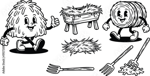 Vintage cartoon rubber hose style walking hay character giving thumbs up smiling hay bale farm pitchfork friendly retro closeup