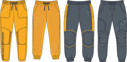 Fashionable jogger pants flat sketch, front and back view, vector illustration, activewear design, modern style, technical garment drawing.

 flat vector illustration