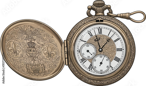 Ornate antique pocket watch with a decorative engraved metal cover displaying a coat of arms is open on a white background.