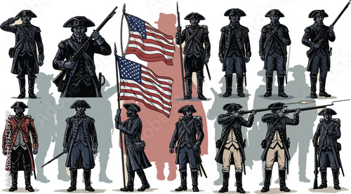 A collection of Revolutionary War soldiers displays various uniforms and poses while holding American flags and rifles.