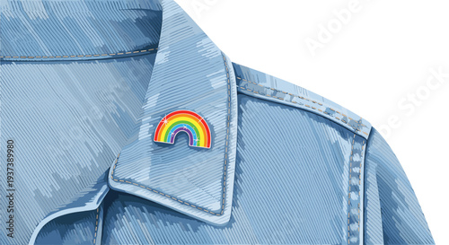 A bright rainbow enamel pin is securely fastened to the lapel of a light blue denim jacket, displaying clear fabric texture.