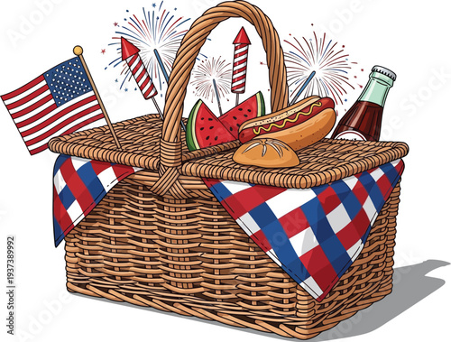 A wicker picnic basket overflowing with patriotic food items like watermelon, a hot dog, and a bottle sits next to a small American flag with fireworks above.