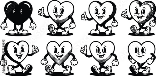 Retro cartoon walking heart characters set with thumbs up vintage rubber hose style black and white smiling faces multiple poses