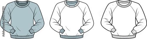 Flat sketch of crew neck sweatshirt front view, ribbed cuffs and hem, casual fashion design template, technical drawing for apparel

 flat vector illustration