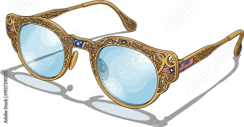 A pair of vintage cat-eye eyeglasses with gold filigree frames and light blue tinted lenses rests casting a shadow on a white surface.