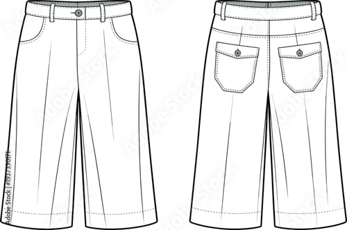 Flat sketch of women’s culotte pants with front and back view, wide leg design, buttoned waistband, fashion technical illustration

 flat vector illustration