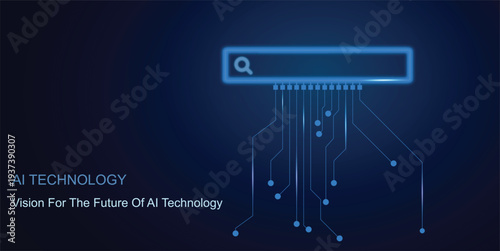 Artificial intelligence research concept with glowing neon AI circuit, futuristic microchip processor, digital search interface, AI technology background, AI search engines, high tech computing.