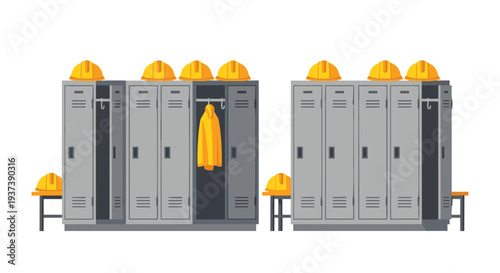 Two sets of grey metal lockers with yellow hard hats on top are shown, one open revealing a yellow jacket.