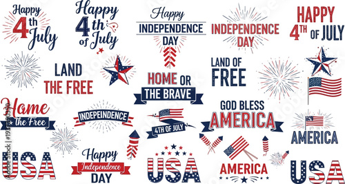 A collection of various graphic text elements and icons celebrating the Fourth of July holiday is arranged across a white background.