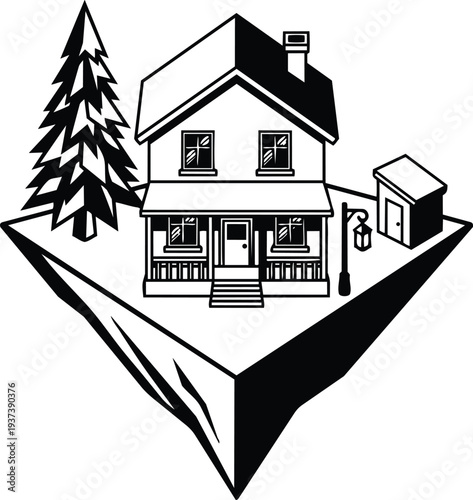Isometric line art front view cottage house on floating island with porch steps pine tree shed and street lamp minimal