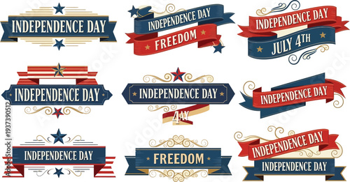 Collection of vintage style banners and ribbons featuring patriotic text such as Independence Day and Freedom.