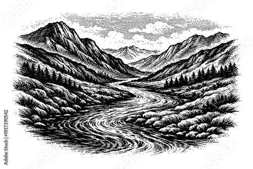 Vintage black and white engraving: a majestic river flows through a dramatic mountain valley, flanked by dense pine forests and towering, rugged peaks under a serene sky, encapsulating pristine natura