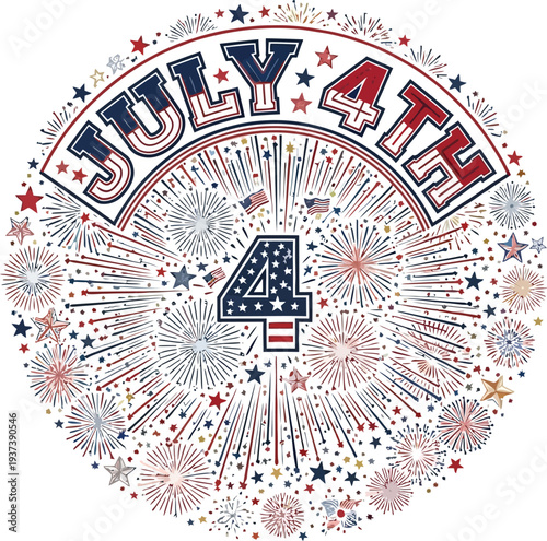 Circular graphic design celebrating July Fourth with stylized fireworks, stars, and bold patriotic lettering.