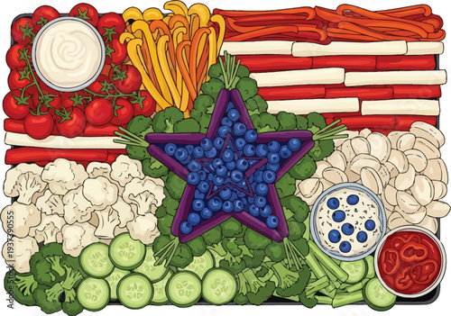 Vegetable platter artfully arranged to resemble the American flag design with fresh produce and dips.