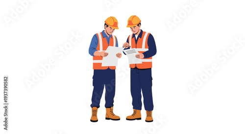 Two male construction workers, dressed in orange safety vests and yellow hard hats, are standing and intently reviewing individual blueprints, with one worker pointing to a specific detail.