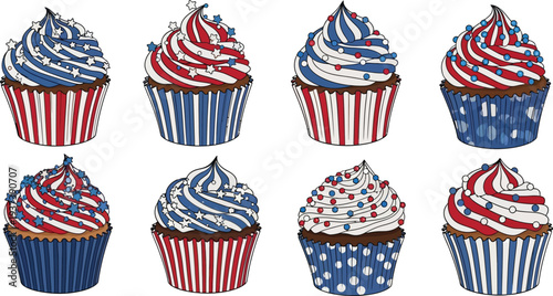 Eight patriotic cupcakes decorated with red, white, and blue frosting and sprinkles are arranged in two horizontal rows.