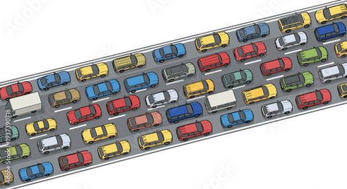 An intricate illustration portrays a severe traffic jam with numerous cars and trucks densely packed across multiple lanes on a highway, viewed from a high oblique angle.