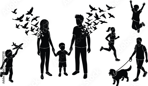 Silhouette vector family portrait with parents holding hands child birds flying and children playing running walking dog jumping in park