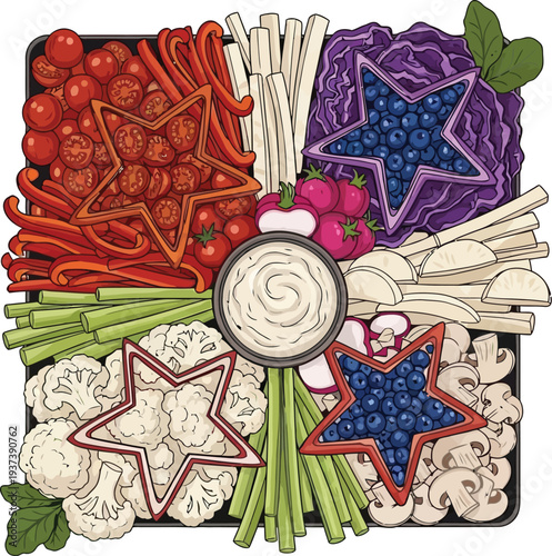 A square platter presents a vibrant vegetable crudité arrangement featuring star shapes made from blueberries and served with a central dipping sauce.