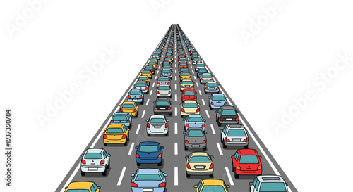 A detailed illustration showcases a massive traffic jam with hundreds of diverse cars and trucks tightly packed on a wide multi-lane highway, viewed from a high straight-on perspective.