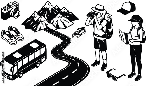 Flat design isometric hiking travel icons couple looking at map and photographer with backpack road bus mountains black and white