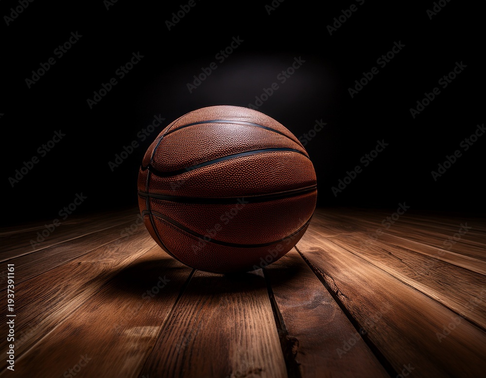 Obraz premium a basketball sitting on a wooden surface with a dark backdrop creates a striking visual emphasizing the basketballs presence against the contrasting wooden floor and shadows