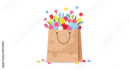 A brown paper shopping bag is filled to the brim with a colorful bouquet of fresh flowers and scattered petals on a white surface.