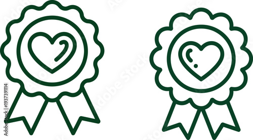 Award ribbon badge line icon vector set. Quality certification and achievement medal outline illustration with heart emblem symbols for award, recognition and guarantee concepts
