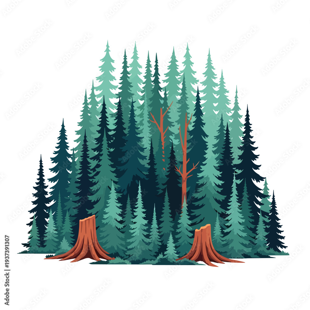 Fototapeta premium Illustration of a forest landscape with trees and stumps viewed from the front in a graphic style