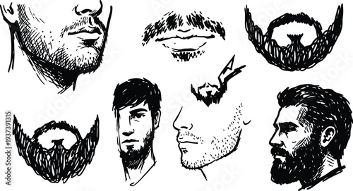 Ink sketch three quarter profile male portrait showing varied beard styles close up head study side view detailed high contrast
