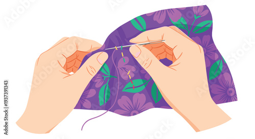 Two human hands are carefully hand-stitching a vibrant purple fabric with a floral pattern using a needle and pink thread.