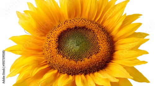 Close-up of a vibrant yellow sunflower with a detailed brown and green center, isolated on a white background.
