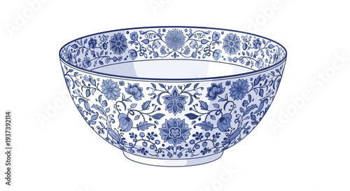 A single round ceramic bowl with an elaborate blue and white floral pattern covering its exterior and interior rim is depicted on a white background.