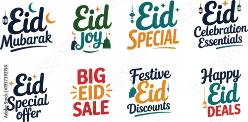 Eid sale promotional lettering vector set. Islamic festive marketing typography collection with Eid Mubarak, big sale and special offer text